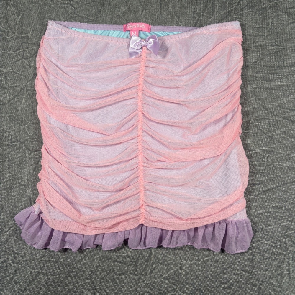 Sugar Thrillz Pastel Ruched Mesh Mini Skirt Womens M Pink Purple Satin Bow Y2K